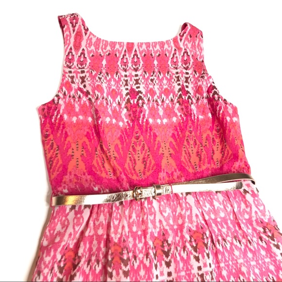 Boho Pink Ikat Belted Fit & Flare Dress Size 4 Petite Summer Spring - Picture 6 of 8